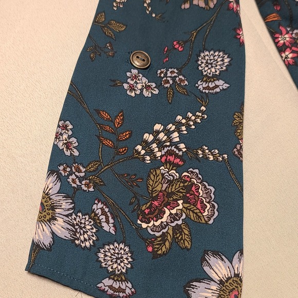 Maurices Floral Tunic Women Small Teal Blue 3/4 Roll Tab Sleeve Zip Neck Blouse - Picture 6 of 8